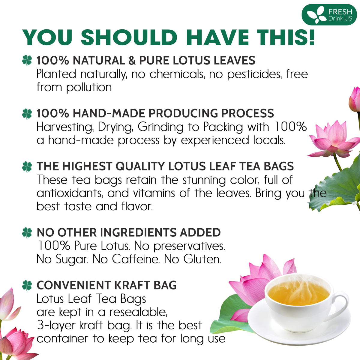 FRESHDRINKUS lotus tea in cup demonstrates convenient, caffeine-free relaxation.