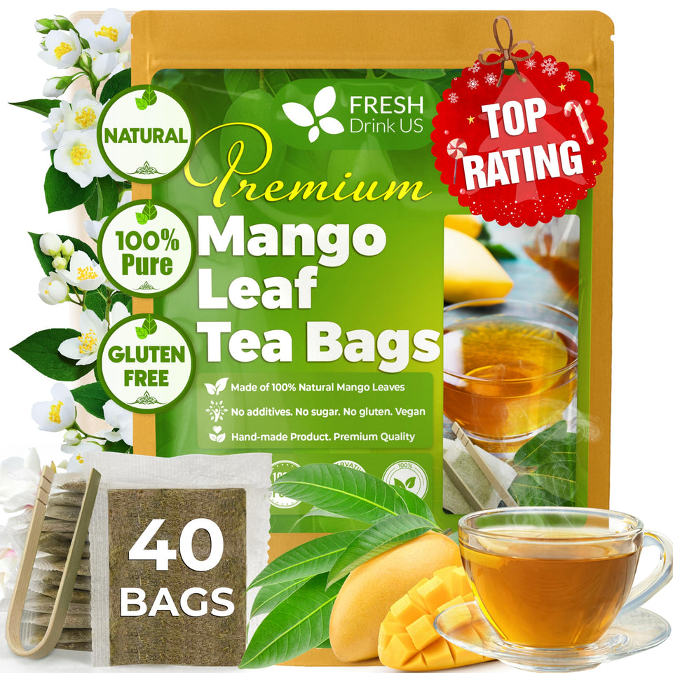 FreshDrinkUS mango leaf tea bags packaging shows natural, pesticide-free leaves sourced from our farm