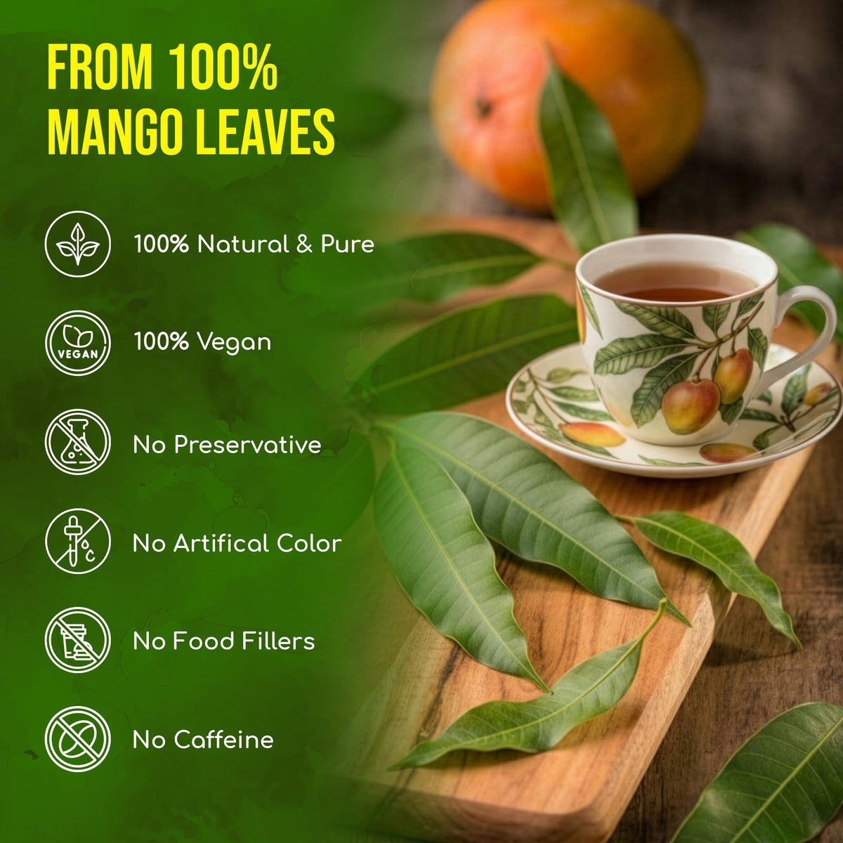FreshDrinkUS mango leaves tea dried leaves spread emphasizes sun-dried flavor and aroma.