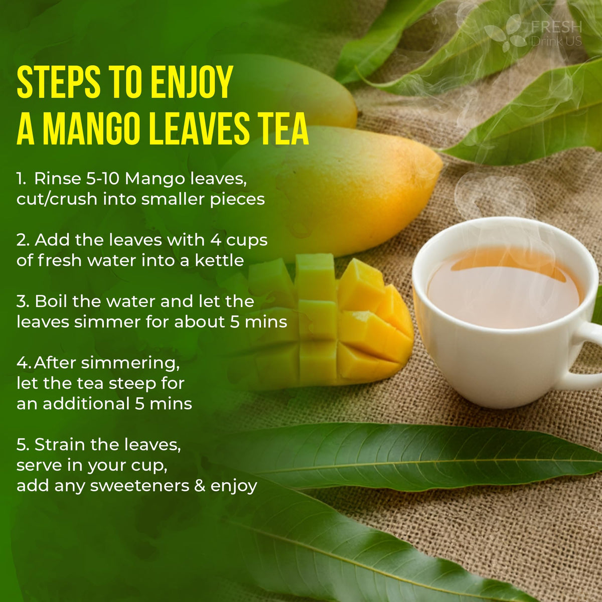 FreshDrinkUS mango leaves tea kettle steaming with brewed infusion in teacup.