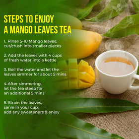 FreshDrinkUS mango leaves tea kettle steaming with brewed infusion in teacup.