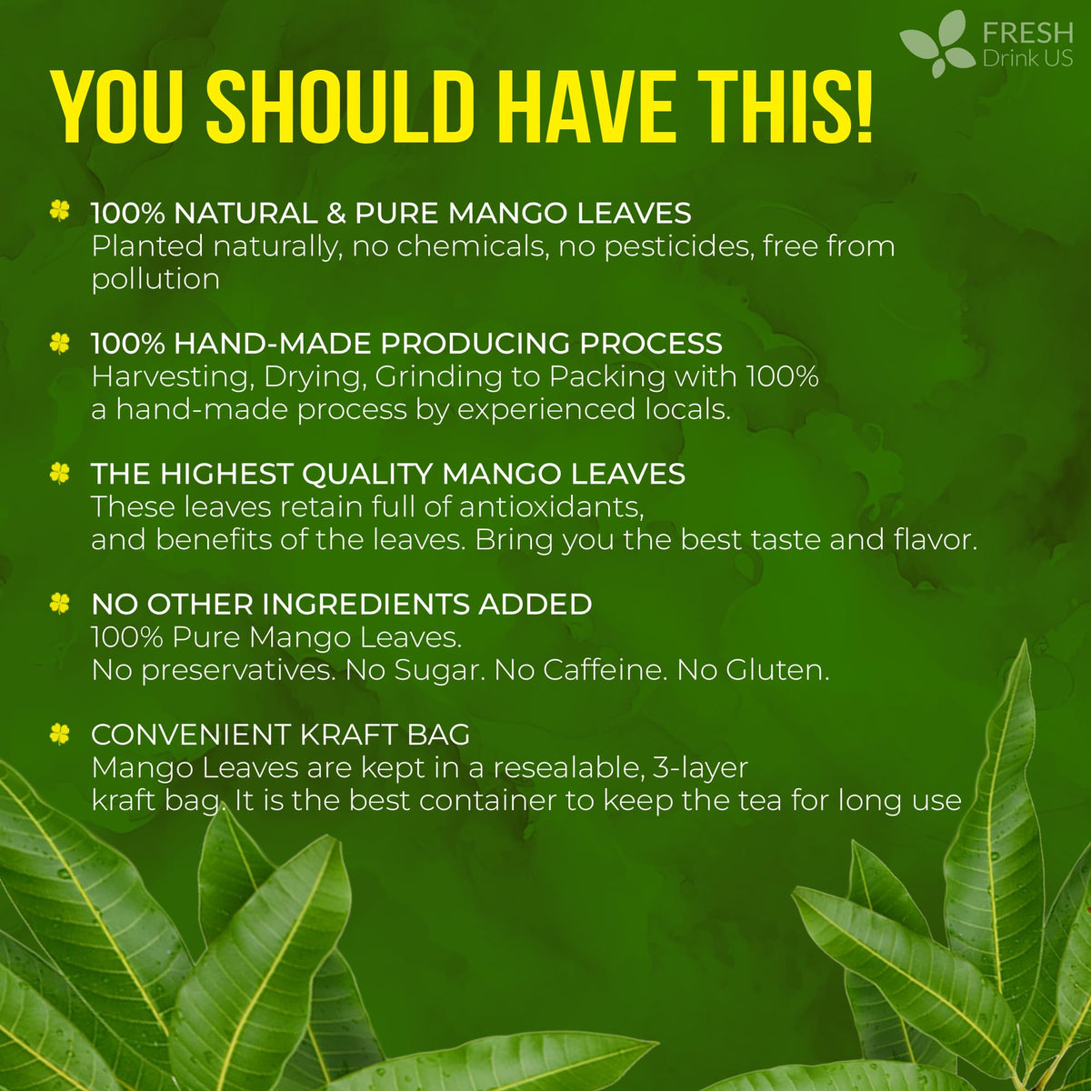 FreshDrinkUS mango leaves tea loose leaves close-up highlights pristine, pesticide-free harvest quality.