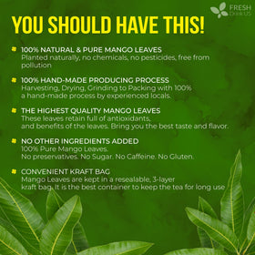 FreshDrinkUS mango leaves tea loose leaves close-up highlights pristine, pesticide-free harvest quality.