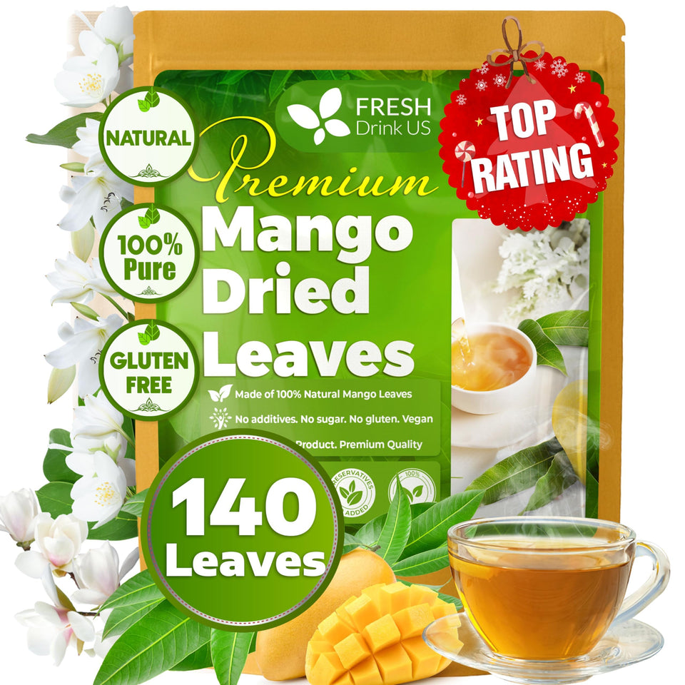 FreshDrinkUS mango leaves tea packaging on display shows a natural, pesticide-free herbal option.