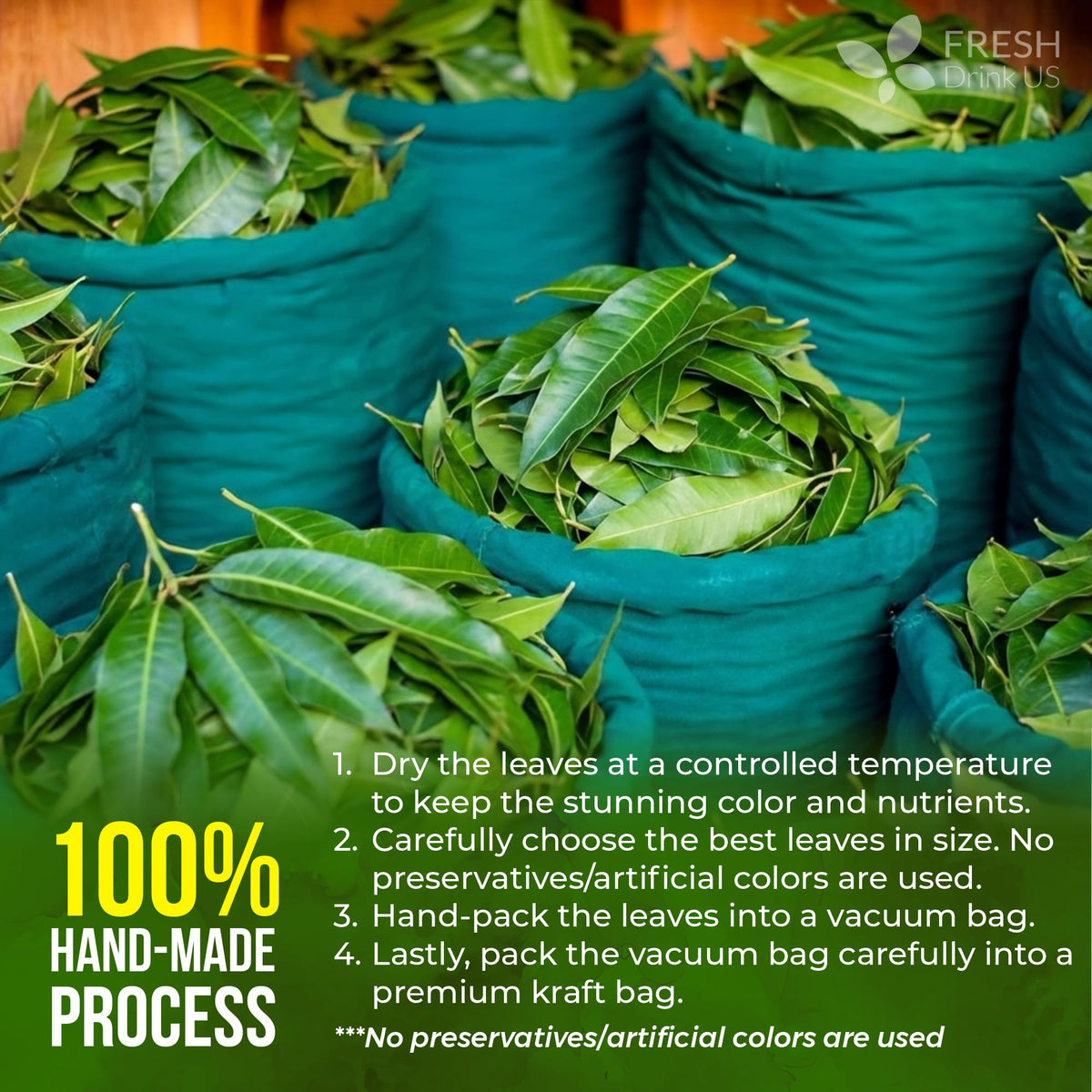 FreshDrinkUS mango leaves tea being poured into cup signals caffeine-free serving moment.
