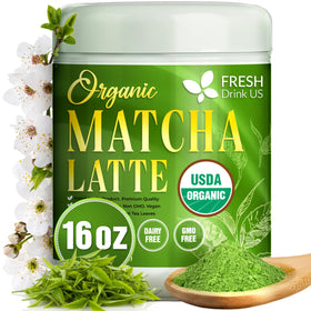 FreshDrinkUS Matcha Latte Powder bag showing premium Japanese blend for creamy lattes.