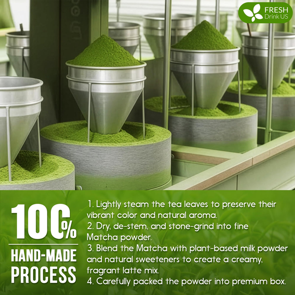 FreshDrinkUS Matcha Latte Powder with frothed milk creates a creamy latte.
