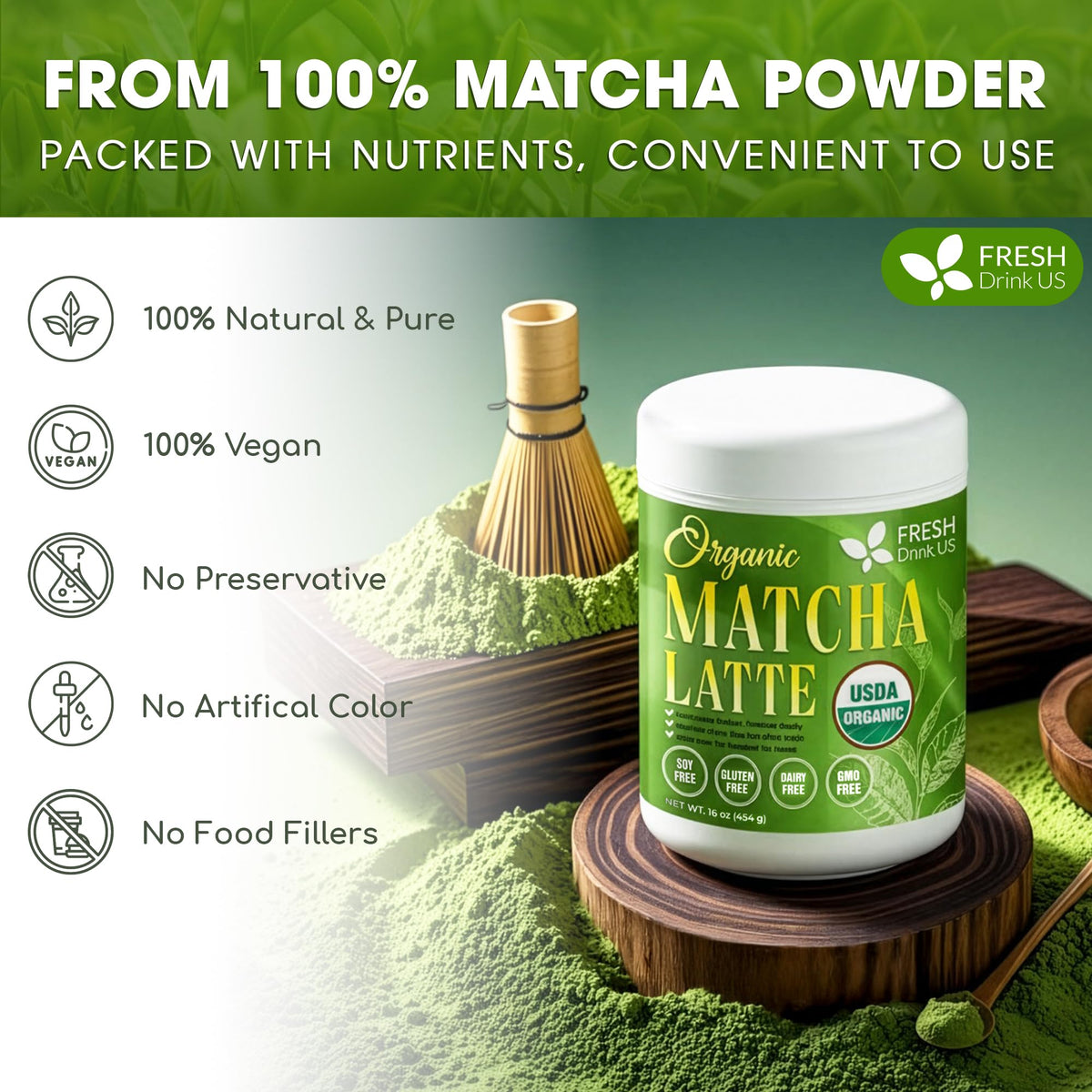 FreshDrinkUS Matcha Latte Powder ingredients close-up highlighting sustainable sourcing and daily energy.