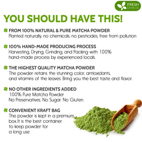 FreshDrinkUS Matcha Latte Powder being poured into a glass for a smooth latte.