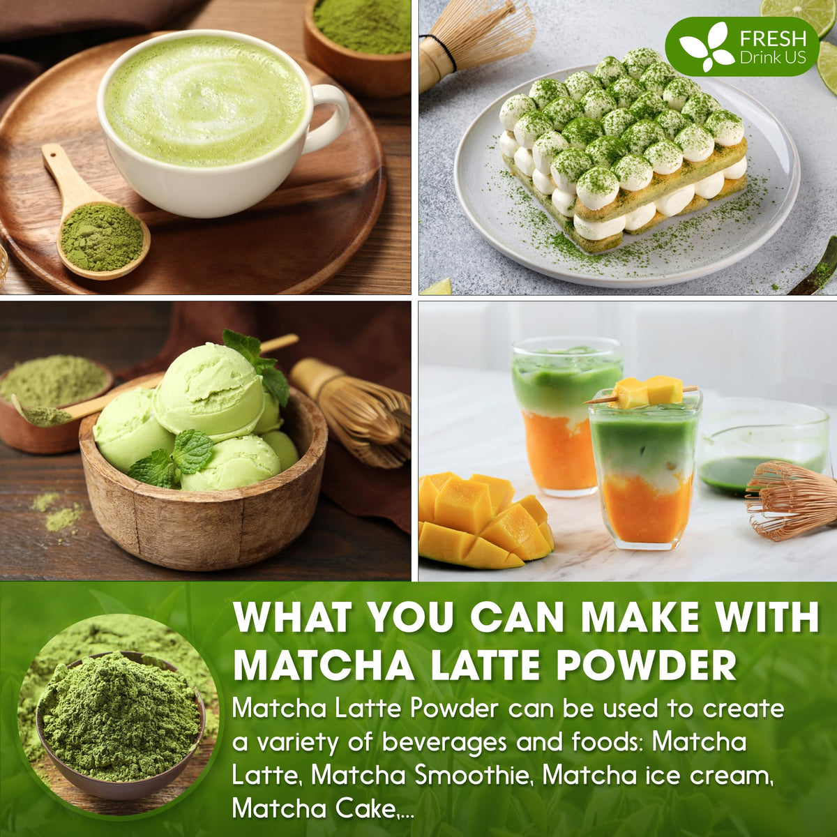 FreshDrinkUS Matcha Latte Powder comes in a resealable pouch to maintain freshness.