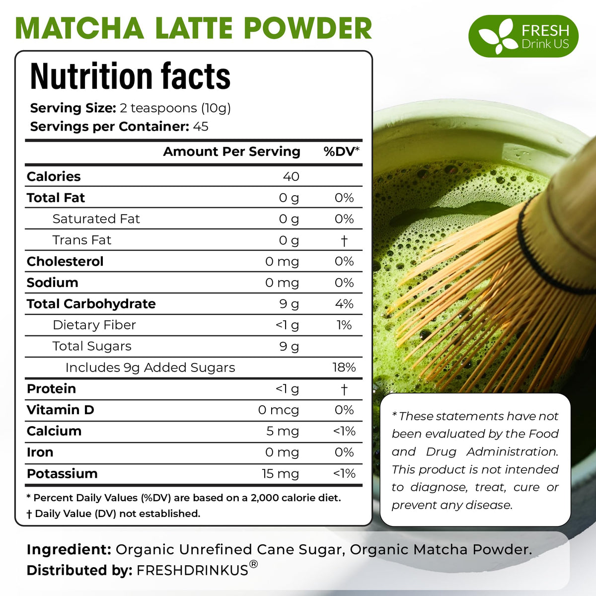 FreshDrinkUS Matcha Latte Powder on a kitchen counter with a steaming cup.