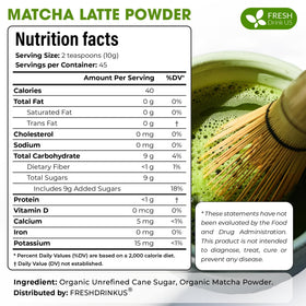 FreshDrinkUS Matcha Latte Powder on a kitchen counter with a steaming cup.