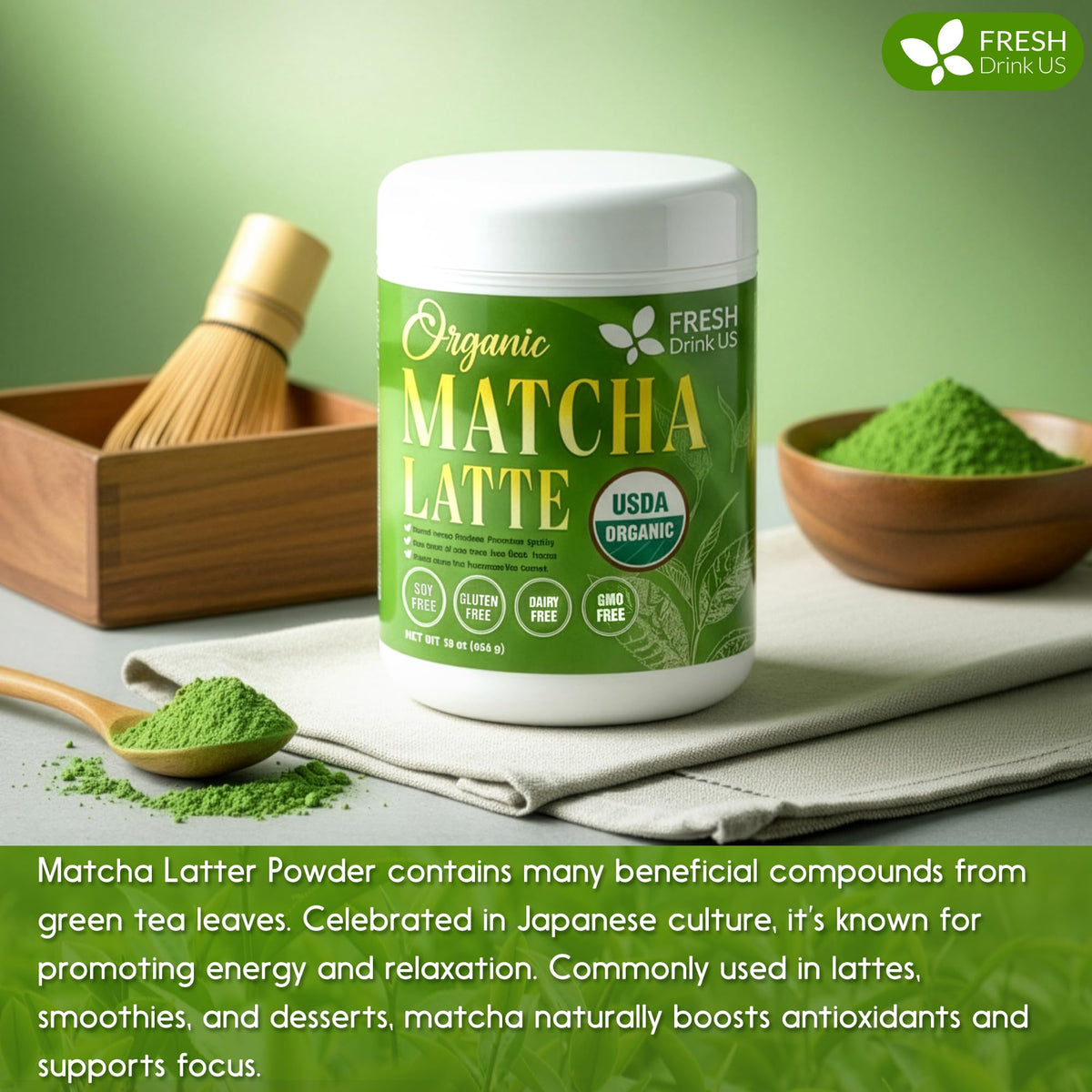 FreshDrinkUS Matcha Latte Powder's vibrant color and aroma enhance at-home rituals.