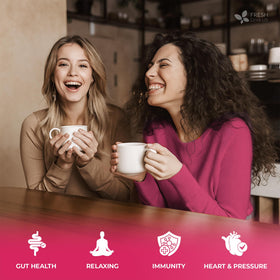 FreshDrinkUS menopauseSlim brewed-tea cup with steam suggests relaxing, caffeine-free enjoyment.