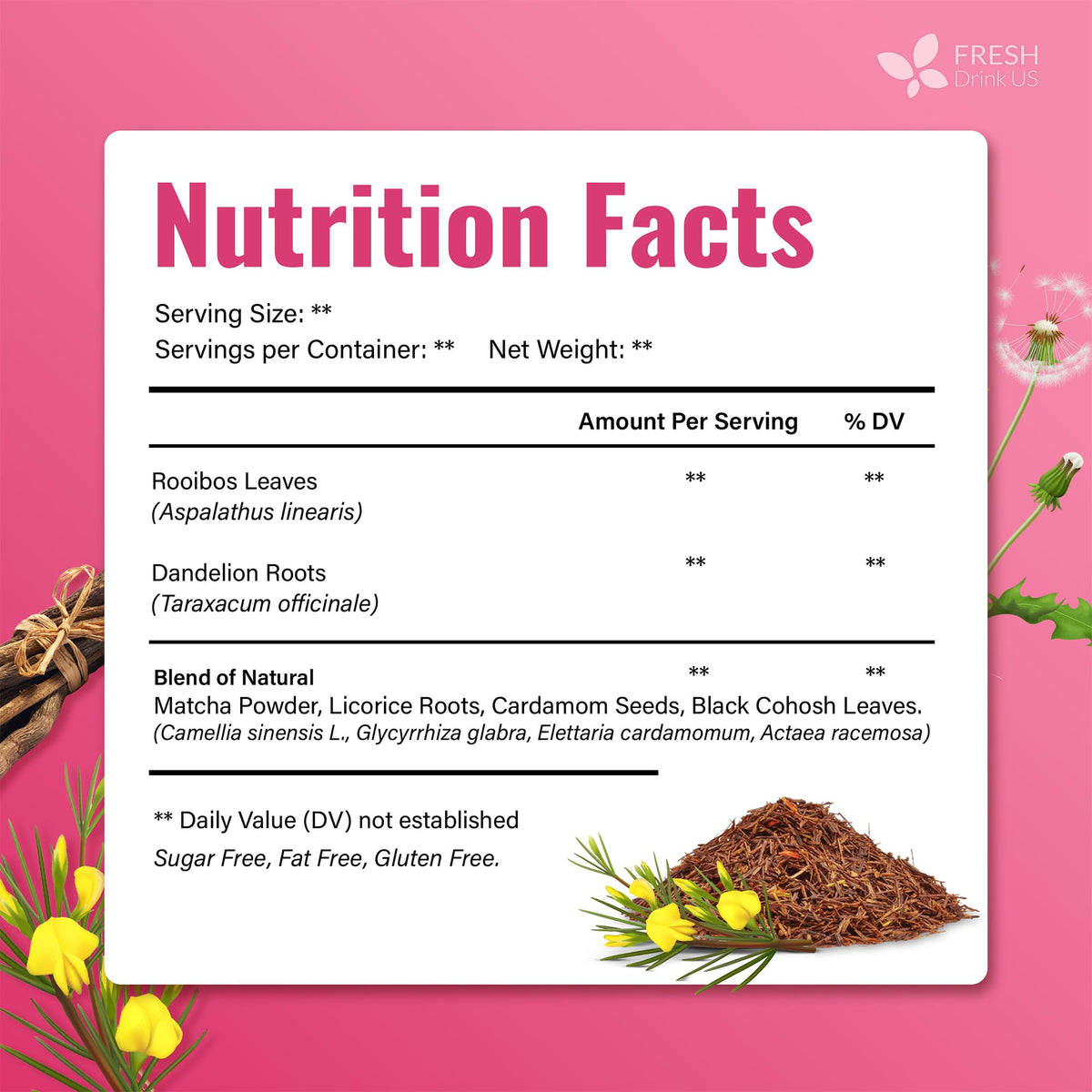 FreshDrinkUS menopauseSlim ingredient closeup shows rooibos, dandelion, and matcha harmony.