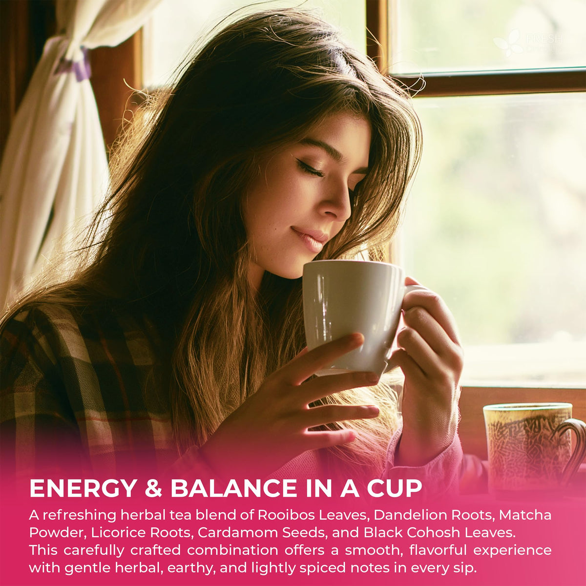 FreshDrinkUS menopauseSlim matcha powder detail emphasizes vibrant color and quality.