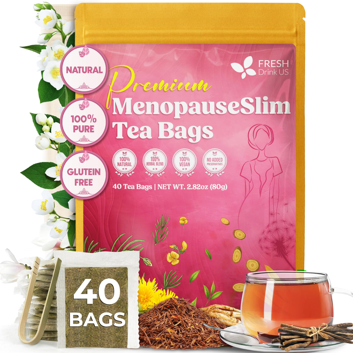 FreshDrinkUS menopauseSlim tea bags packaging showing premium herbal blend for a soothing ritual.