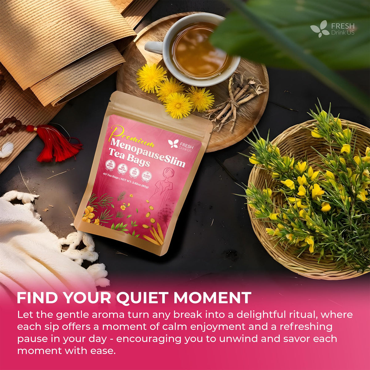 FreshDrinkUS menopauseSlim tea steeping scene invites calm mindful breaks.