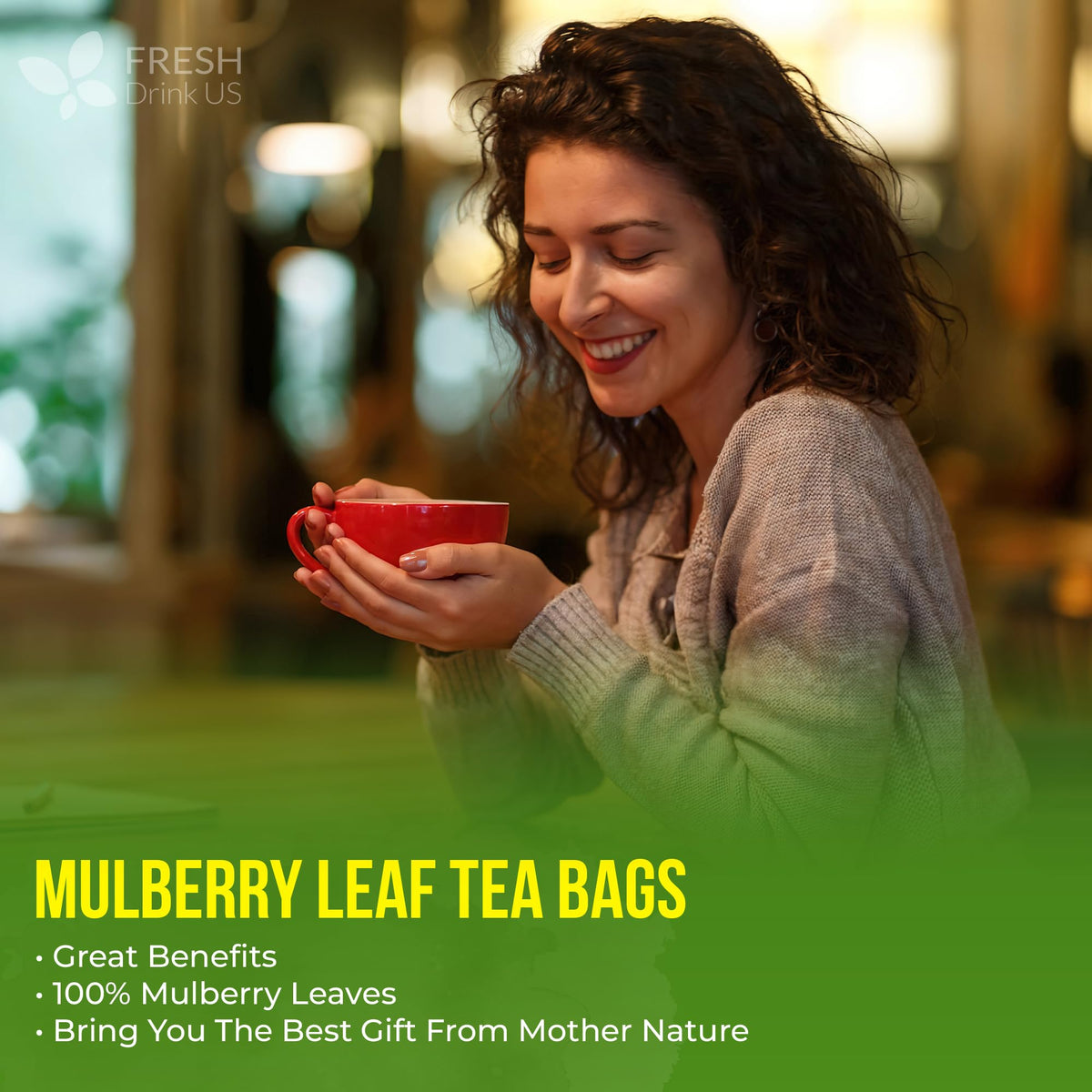 FreshDrinkUS mug with smooth, mild naturally sweet mulberry tea finish