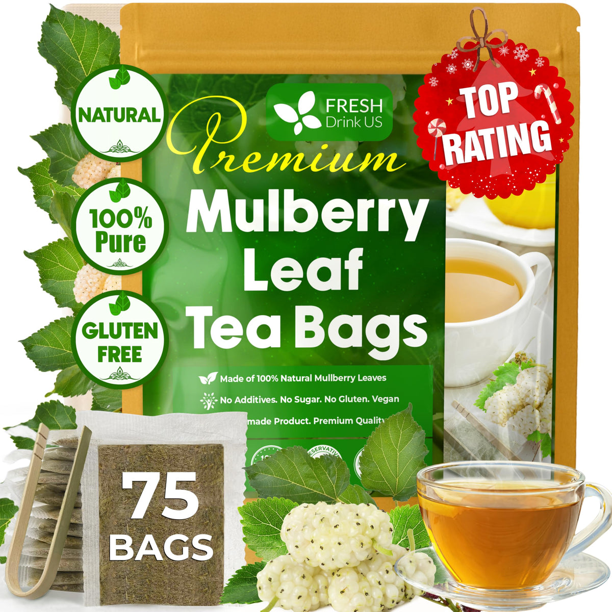 FreshDrinkUS mulberry leaf tea bags showcasing pure, caffeine-free herbal flavor