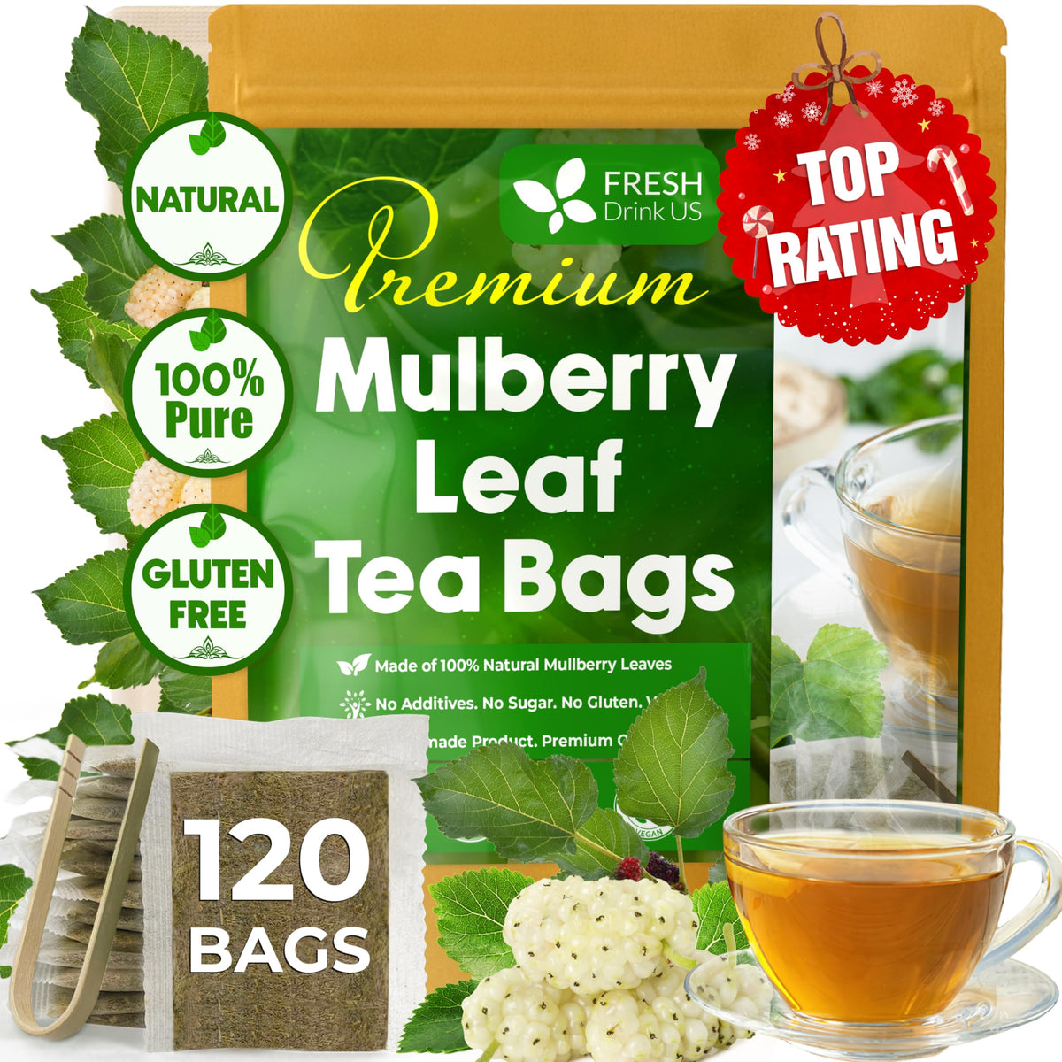 FreshDrinkUS mulberry tea bags pack highlighting pure leaves for a caffeine-free ritual
