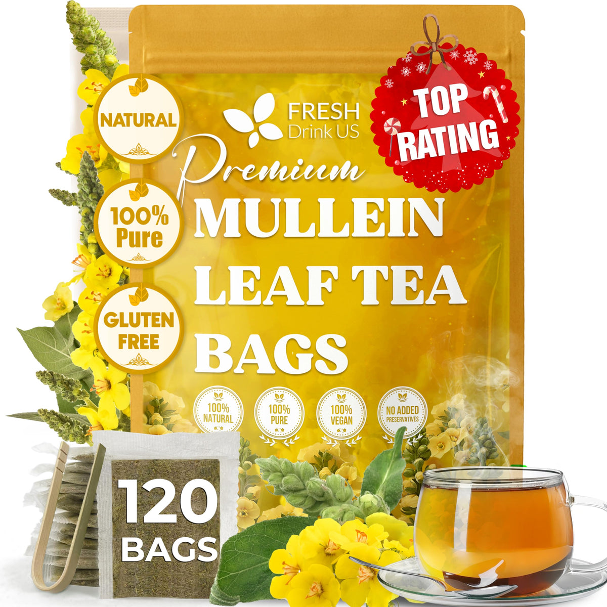 FreshDrinkUS mullein leaf tea bag close-up showing pure leaves for a simple brew