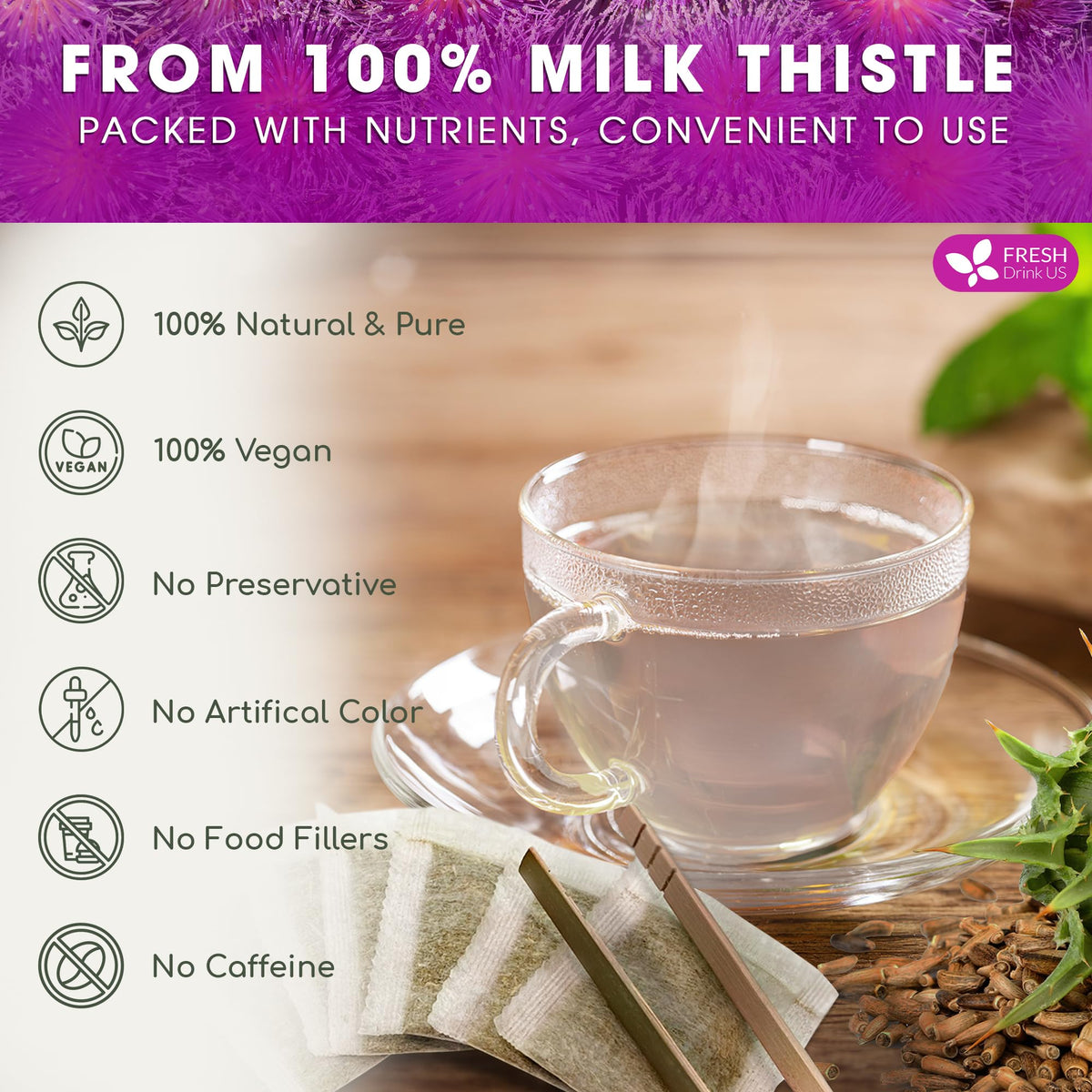 Natural corn fiber tea bag demonstrates eco-friendly packaging for FreshDrinkUS.