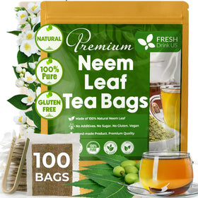 FreshDrinkUS neem tea bag close-up showing natural leaves for a pure, caffeine-free cup
