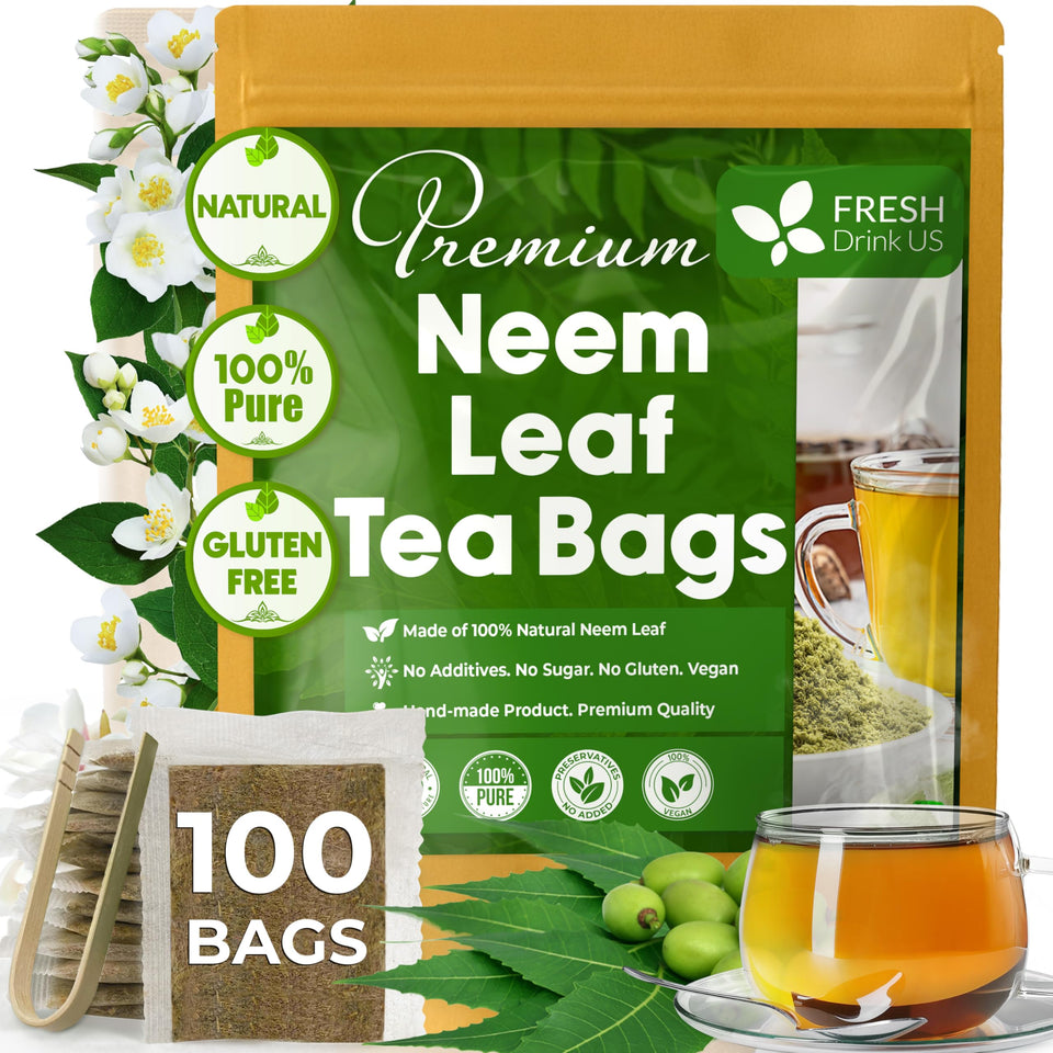 FreshDrinkUS neem tea bag close-up showing natural leaves for a pure, caffeine-free cup