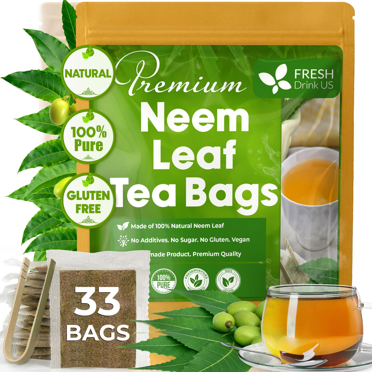 FreshDrinkUS neem tea bags packaging highlighting natural, caffeine-free wellness.