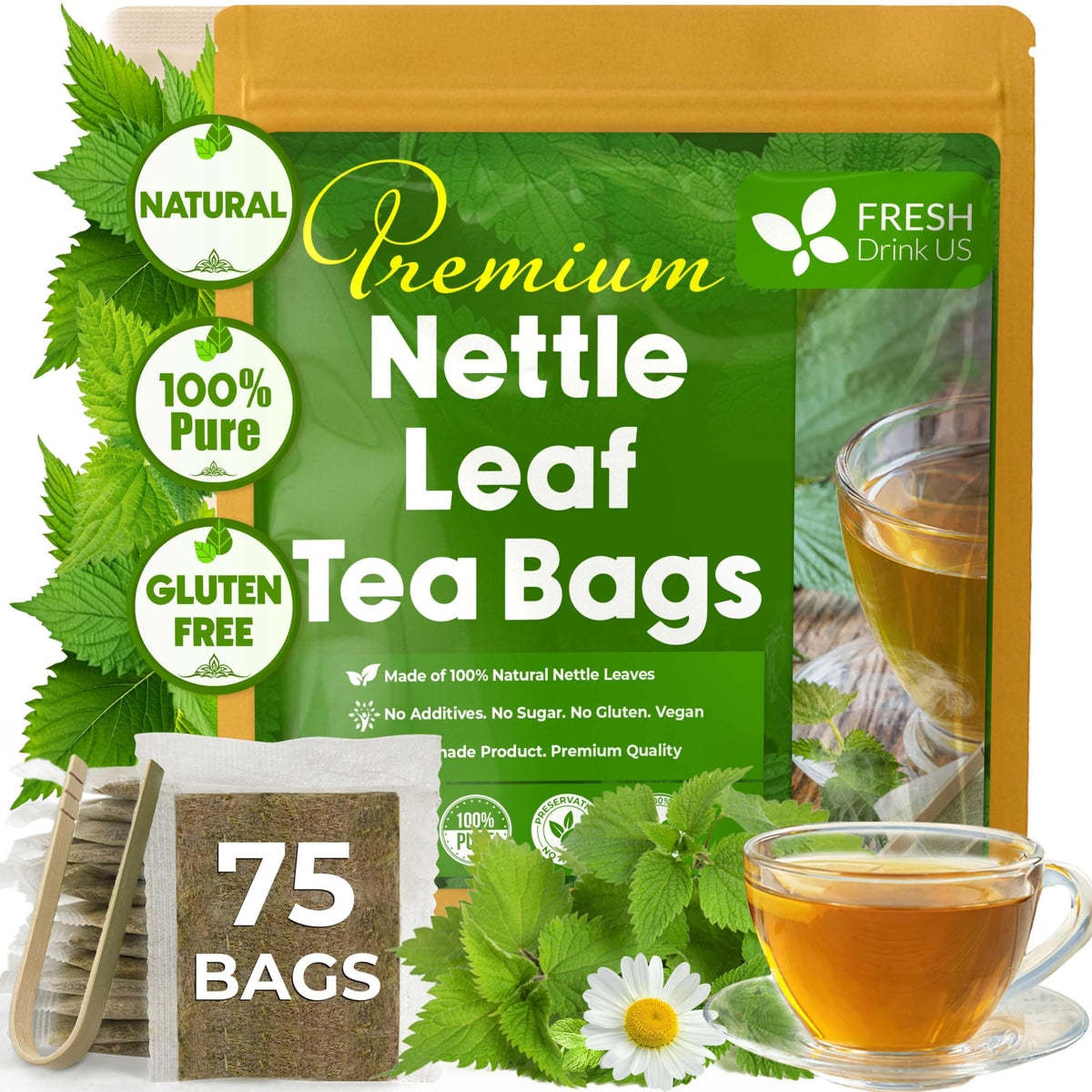 FreshDrinkUS nettle tea bags packaging showcases vegan, caffeine-free herbal tea.