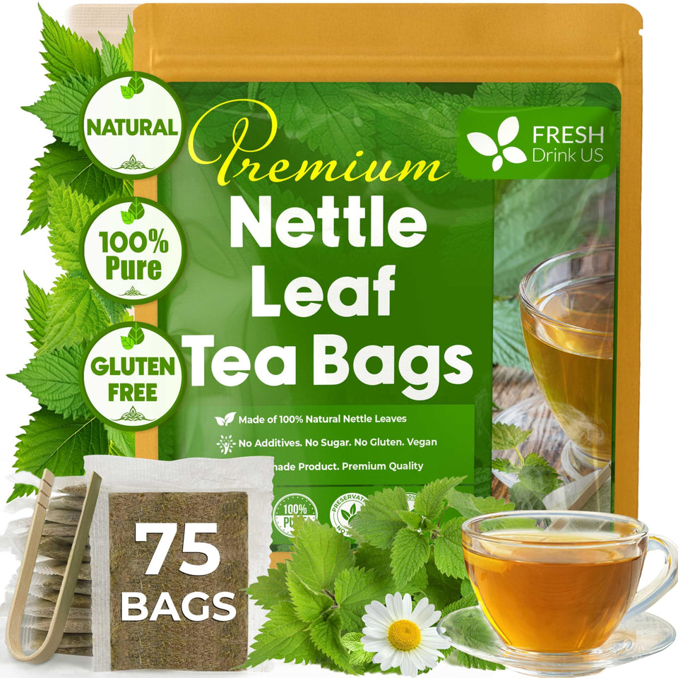 FreshDrinkUS nettle tea bags packaging showcases vegan, caffeine-free herbal tea.
