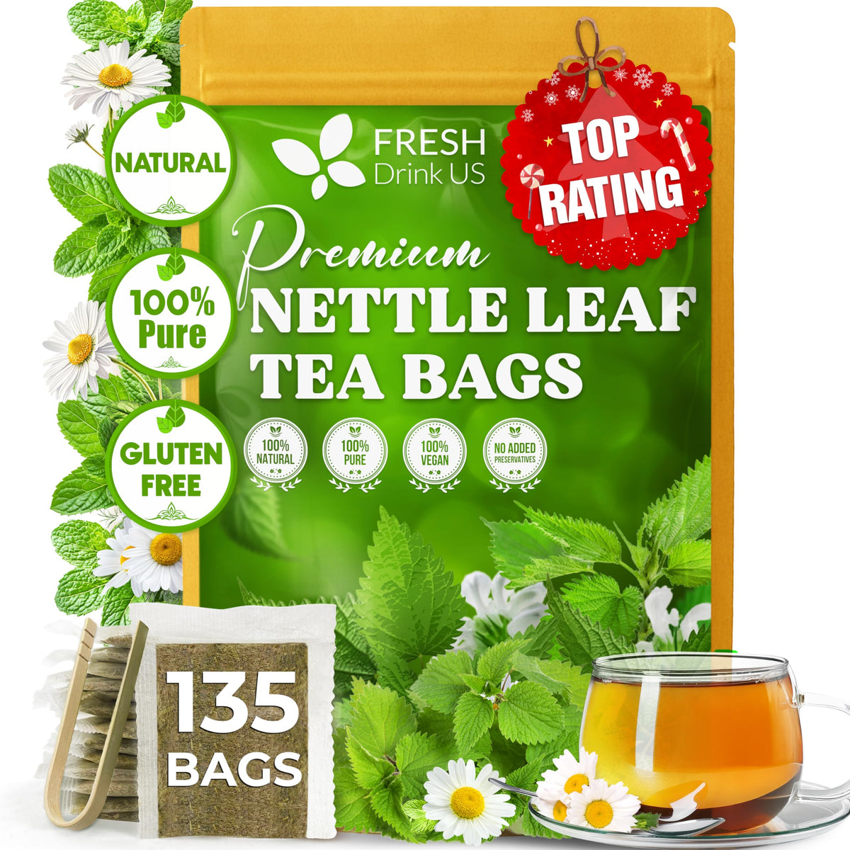FreshDrinkUS nettle tea bags packaging shows eco-friendly, pesticide-free tea.