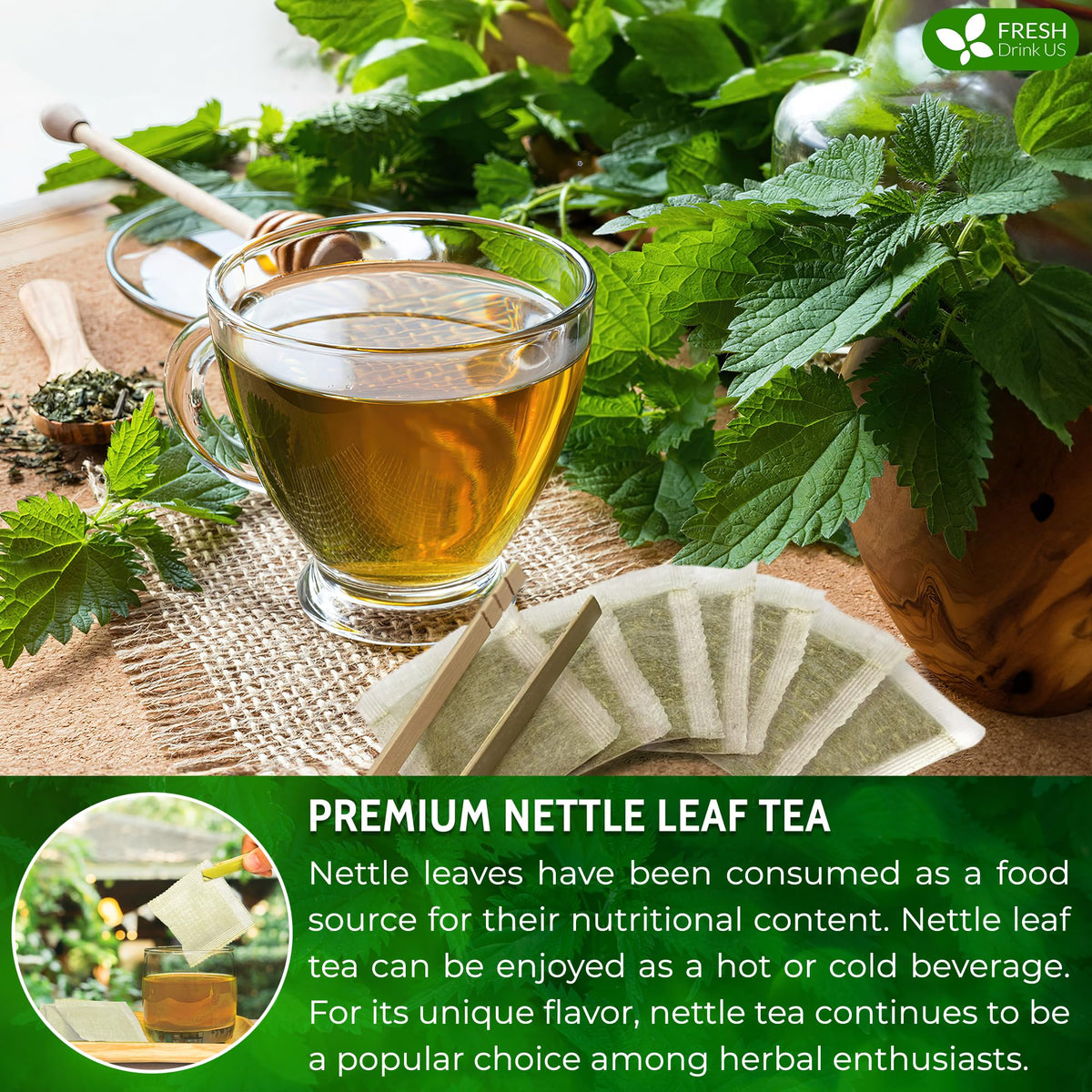 FreshDrinkUS nettle tea label notes vegan, gluten-free, sugar-free options.