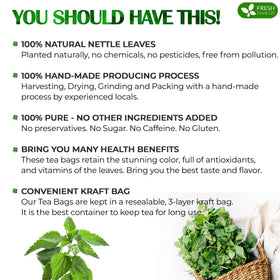 FreshDrinkUS nettle tea leaves close-up highlights 100% natural, pesticide-free quality.