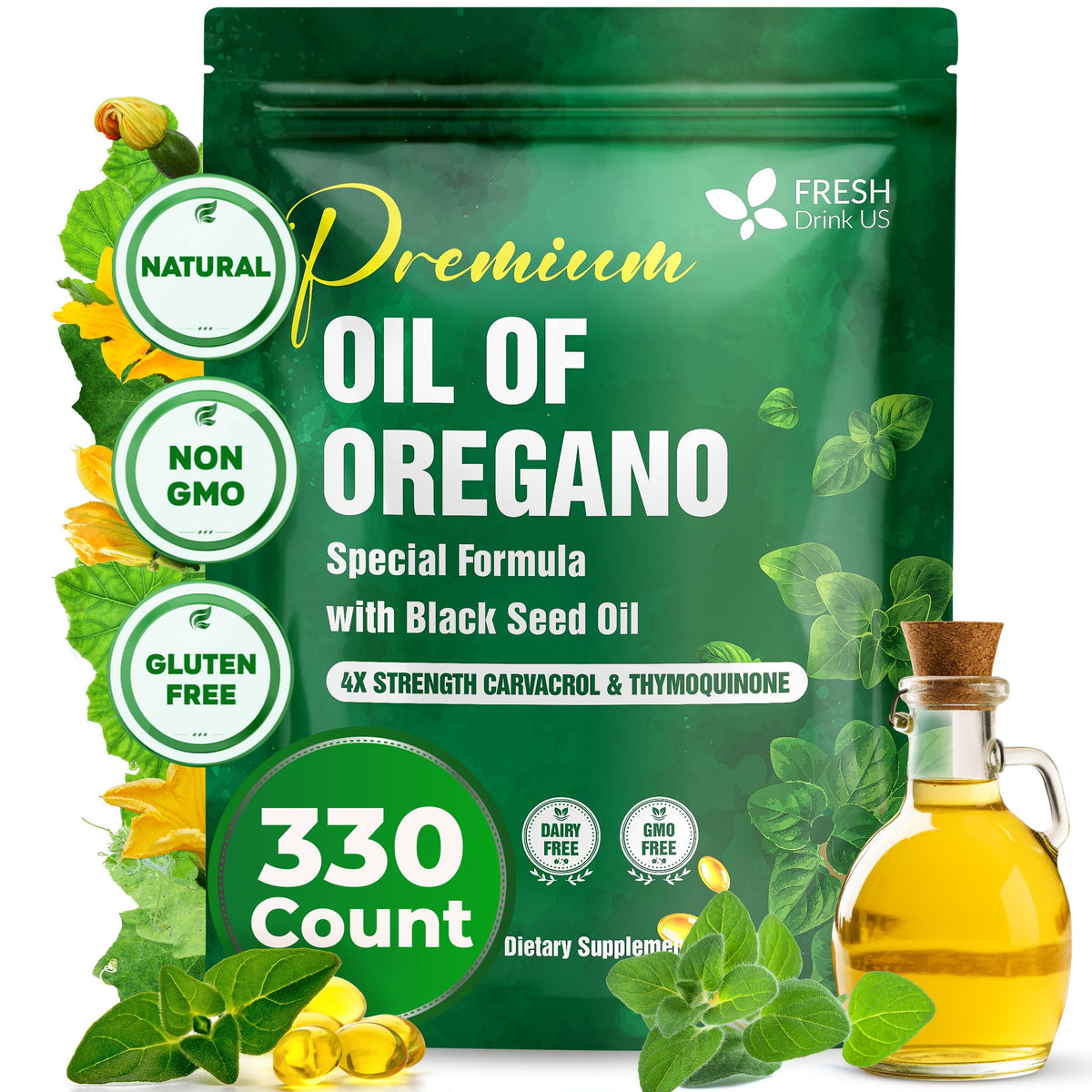 FreshDrinkUS oregano oil softgels bottle for easy daily use