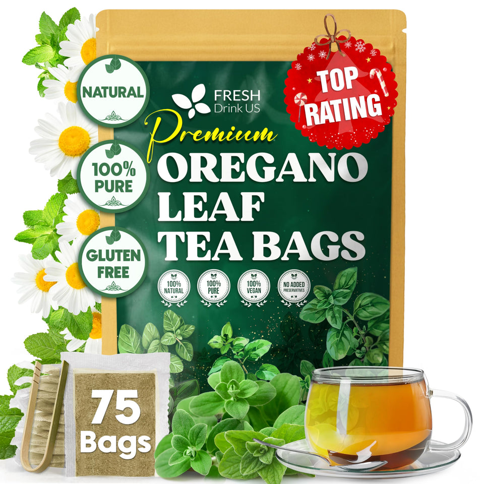 FreshDrinkUS oregano tea bag packaging highlights premium quality and eco-friendly design.