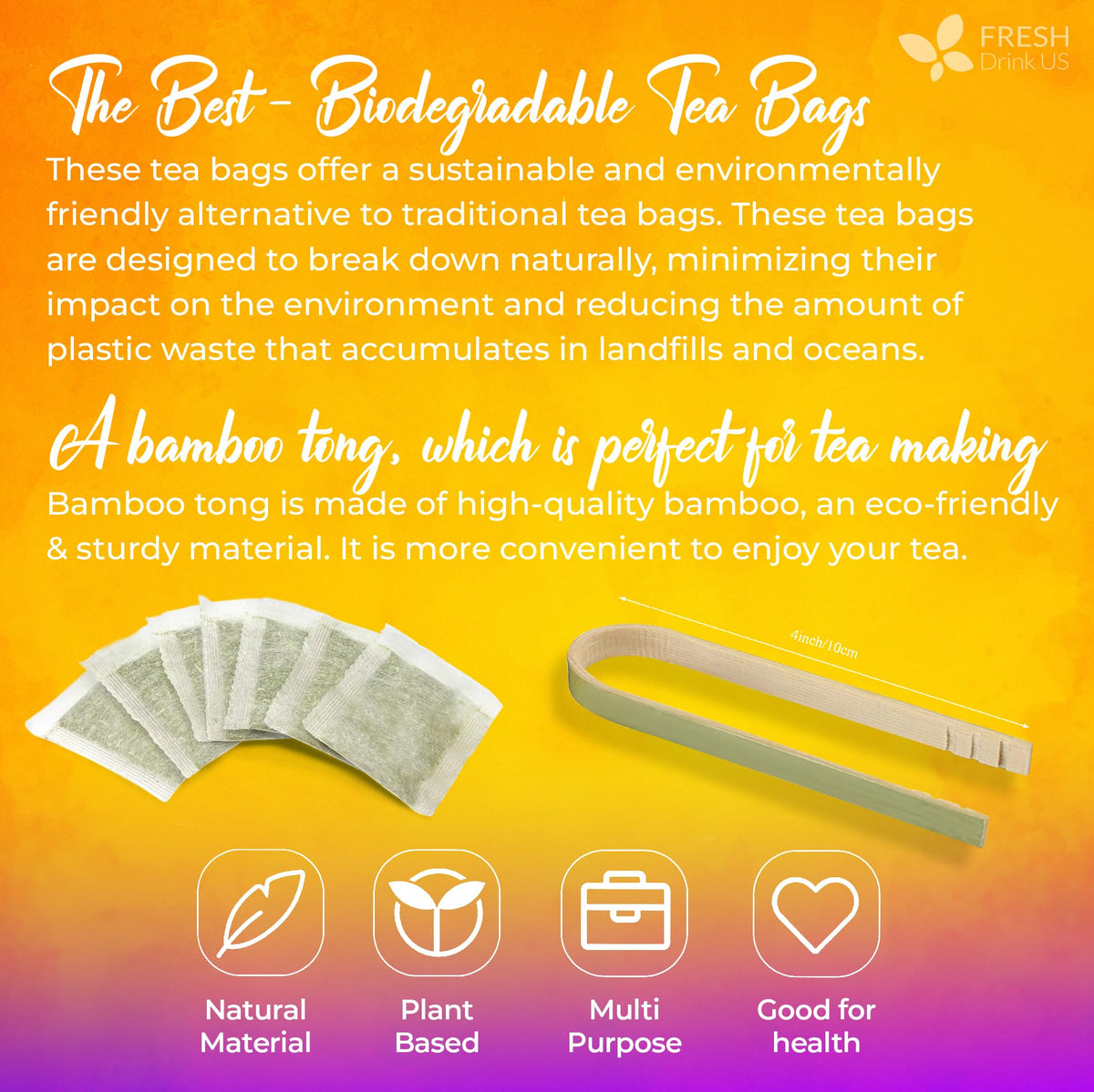 FreshDrinkUS eco-friendly packaging and compostable tea bags in a box.