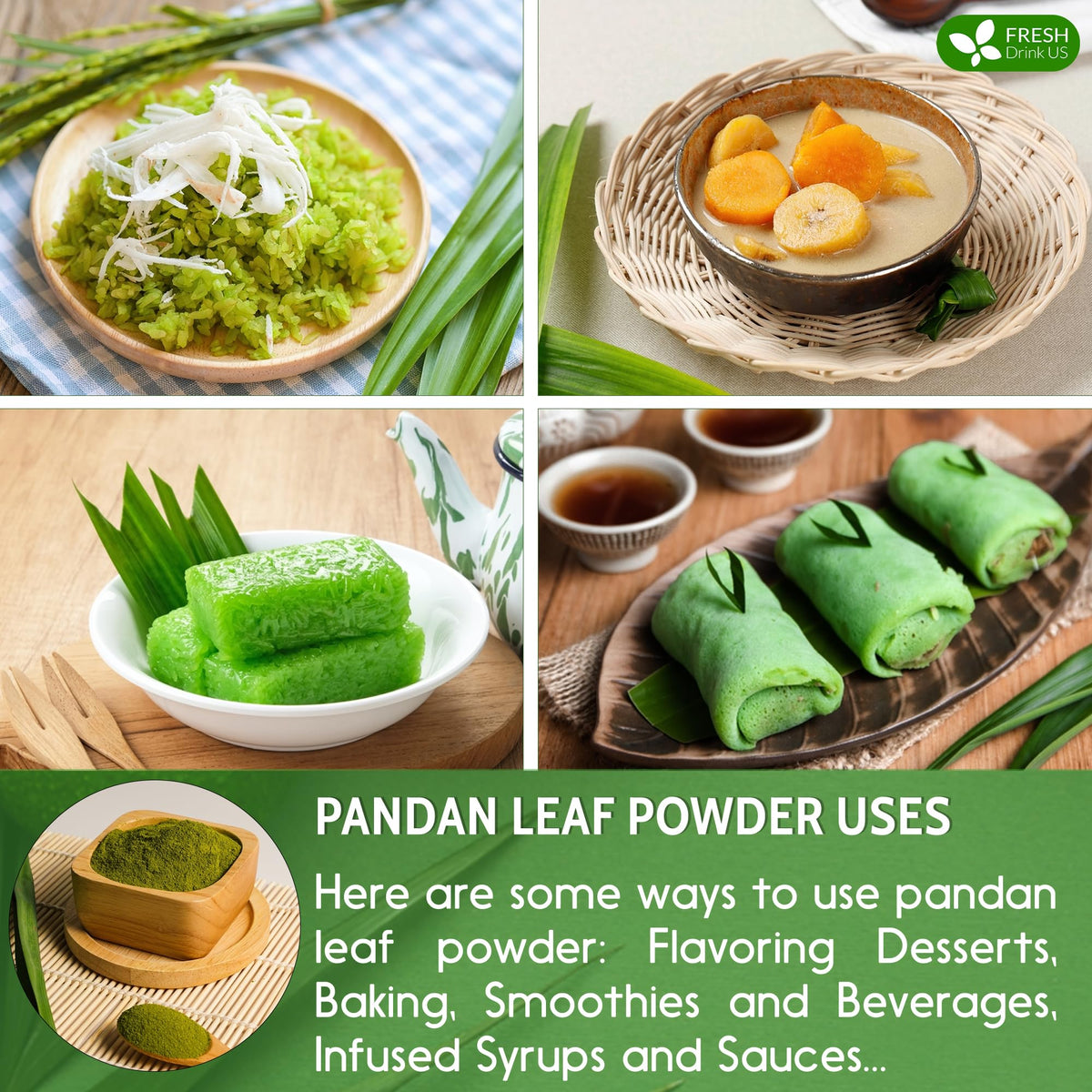 Baked goods colored with FRESHDRINKUS Pandan Leaf Powder and fragrant notes.