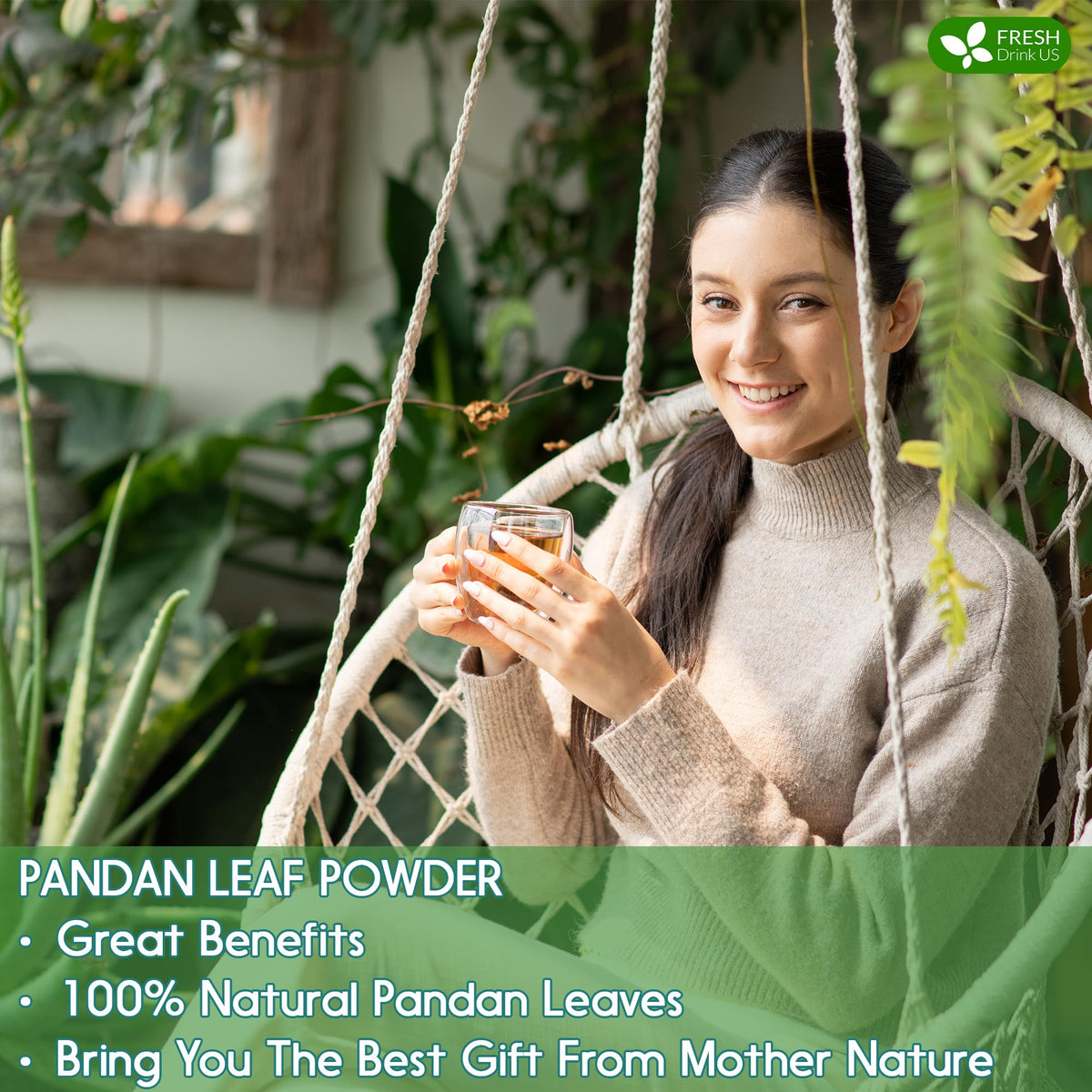 Farm-to-cup concept with FRESHDRINKUS Pandan Leaf Powder shown