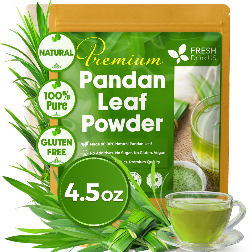 FRESHDRINKUS Pandan Leaf Powder packaging closeup shows natural, pesticide-free quality.