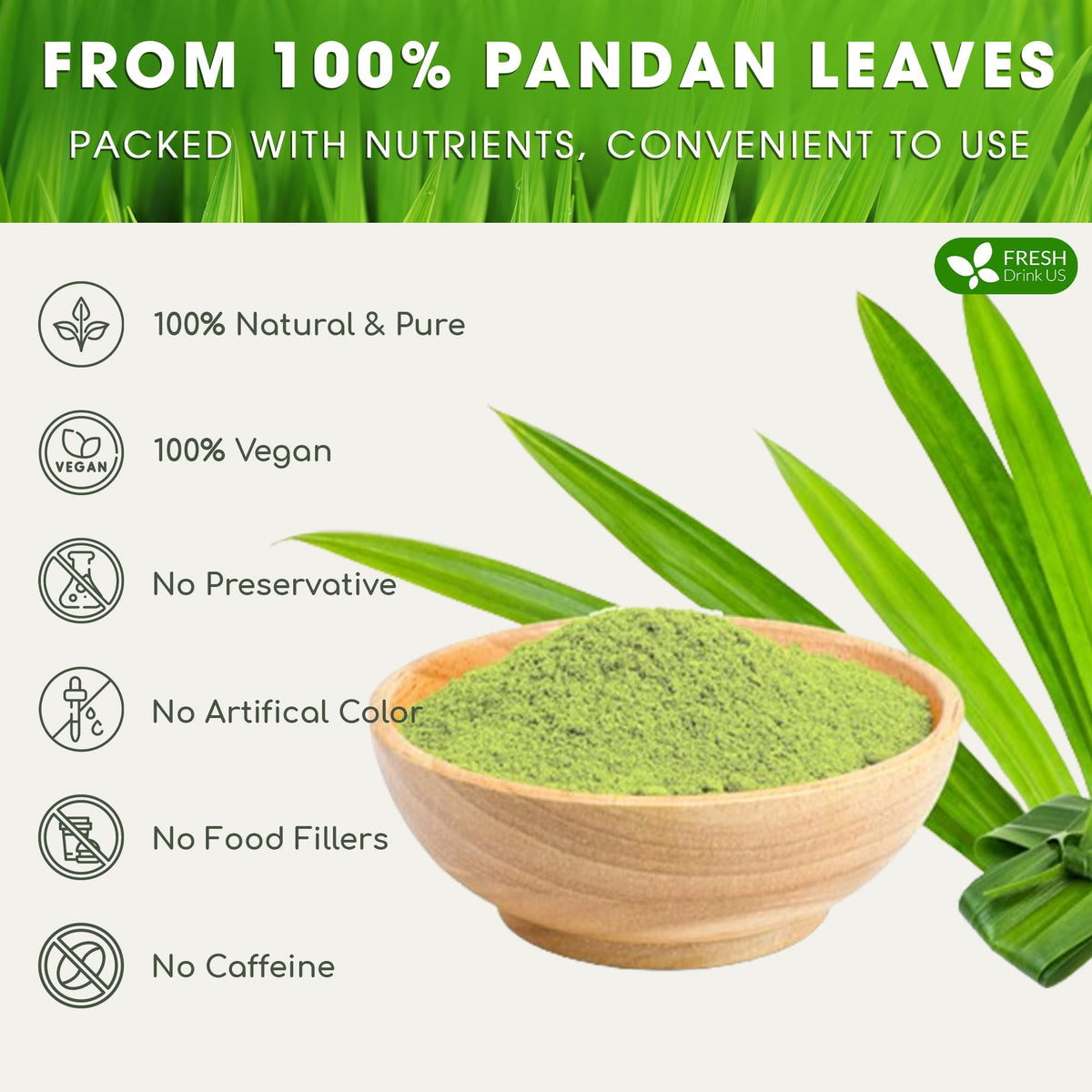 Spoon of FRESHDRINKUS Pandan Leaf Powder ready to flavor desserts.