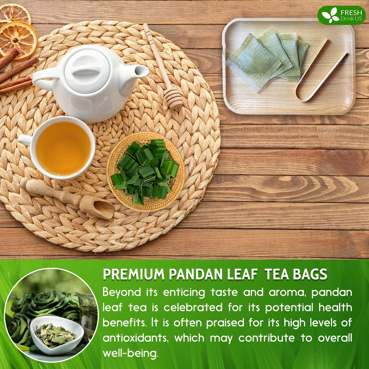 FreshDrinkUS pandan tea bag package against natural backdrop highlighting sustainability.