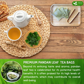 FreshDrinkUS pandan tea bag package against natural backdrop highlighting sustainability.