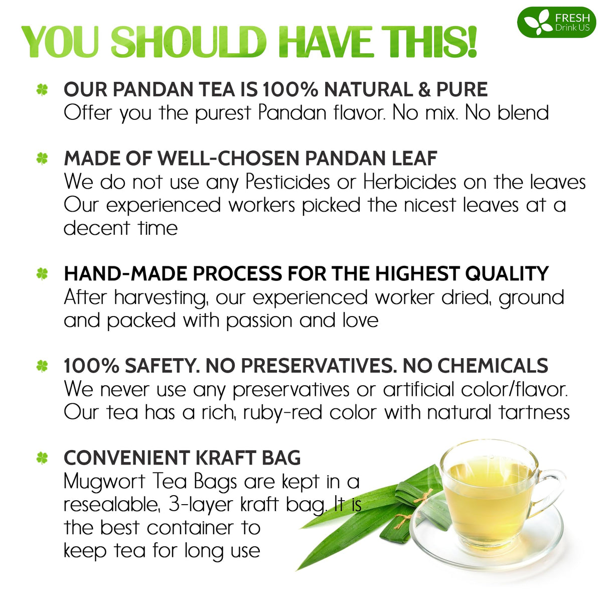 FreshDrinkUS pandan tea bags pack visible leaves and eco-friendly packaging.
