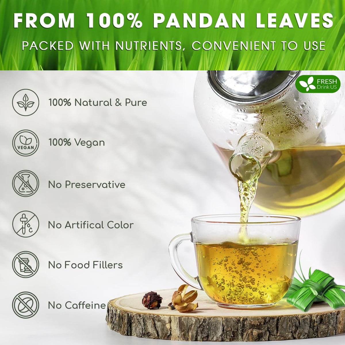 FreshDrinkUS pandan tea in cup steaming for a hot or iced brew.
