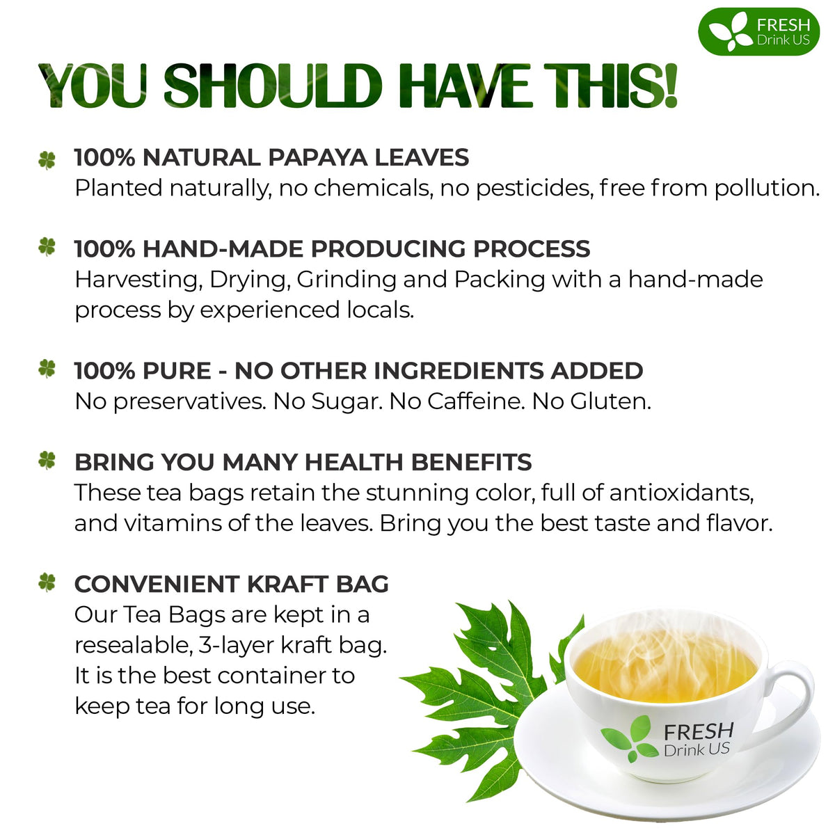 FreshDrinkUS papaya leaf tea bags close-up showing natural leaves