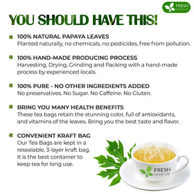 FreshDrinkUS papaya leaf tea bags close-up showing natural leaves