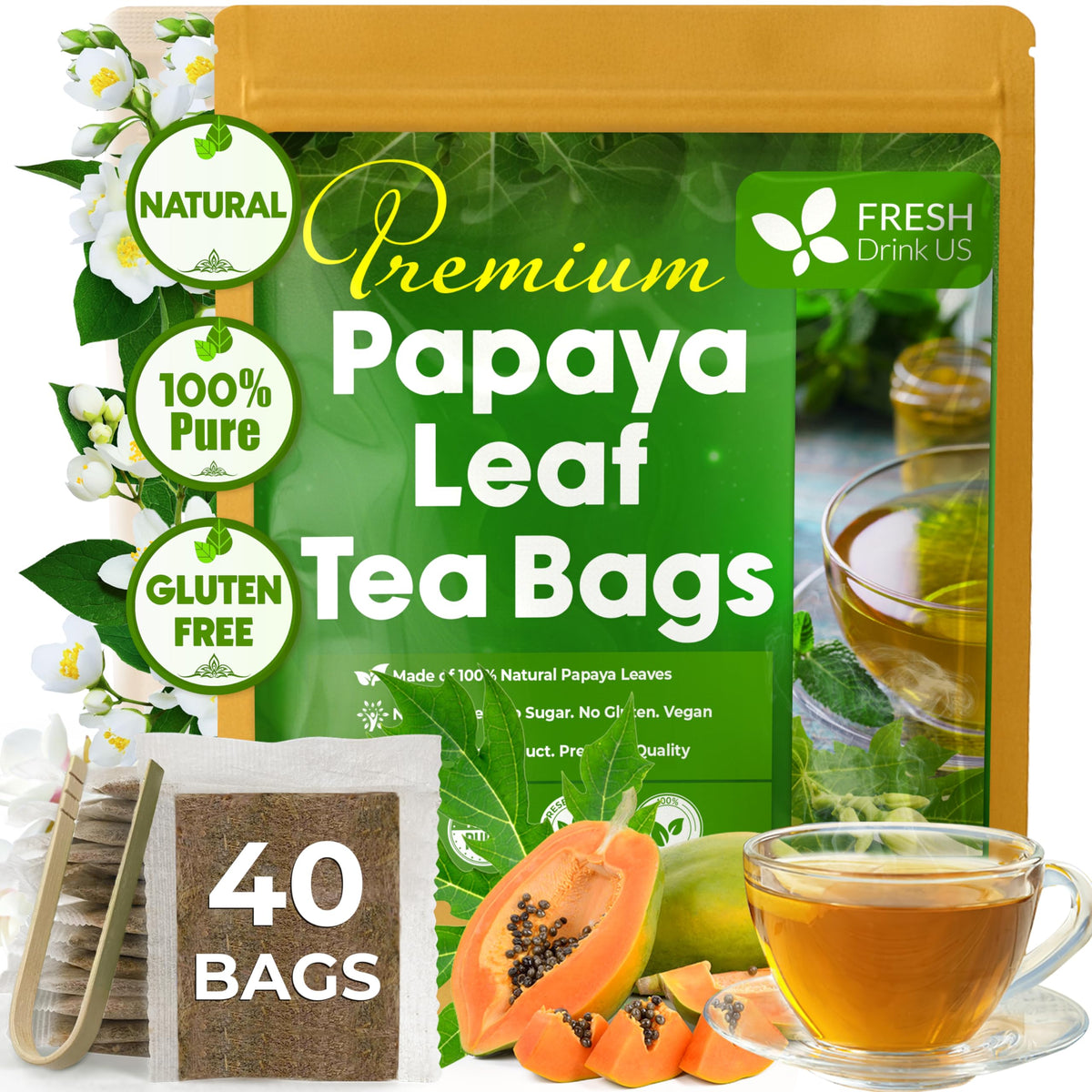 FreshDrinkUS packaging for papaya leaf tea bags highlighting eco-friendly sourcing