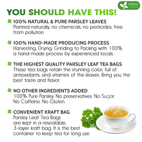 FreshDrinkUS parsley tea bags close-up highlighting sun-dried parsley leaves.